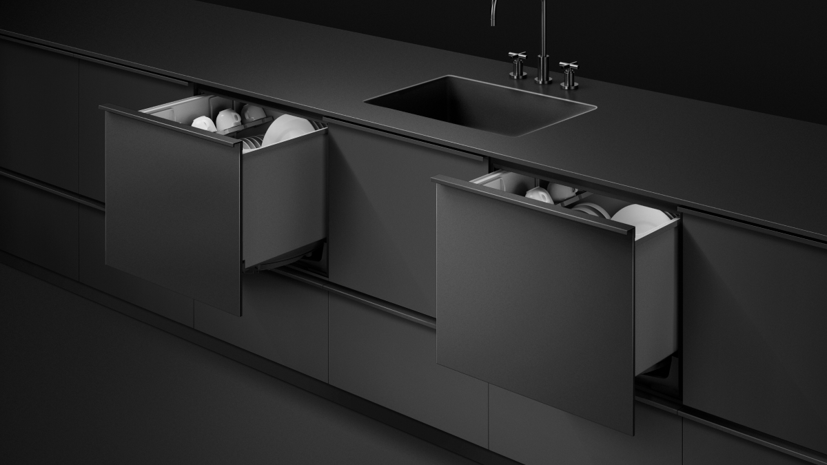 Kitchen bench showing two Fisher & Paykel single Dishdrawer Dishwashers insitu.