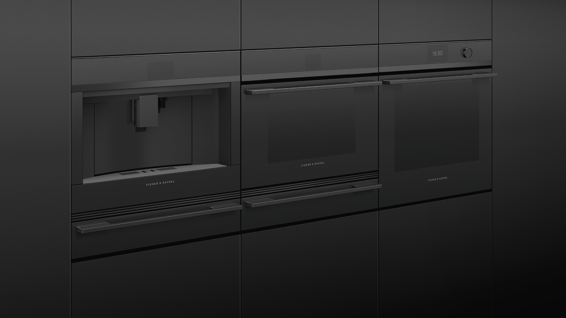 Four Companion Appliances Placed Side-by-Side in Black Cabinetry.