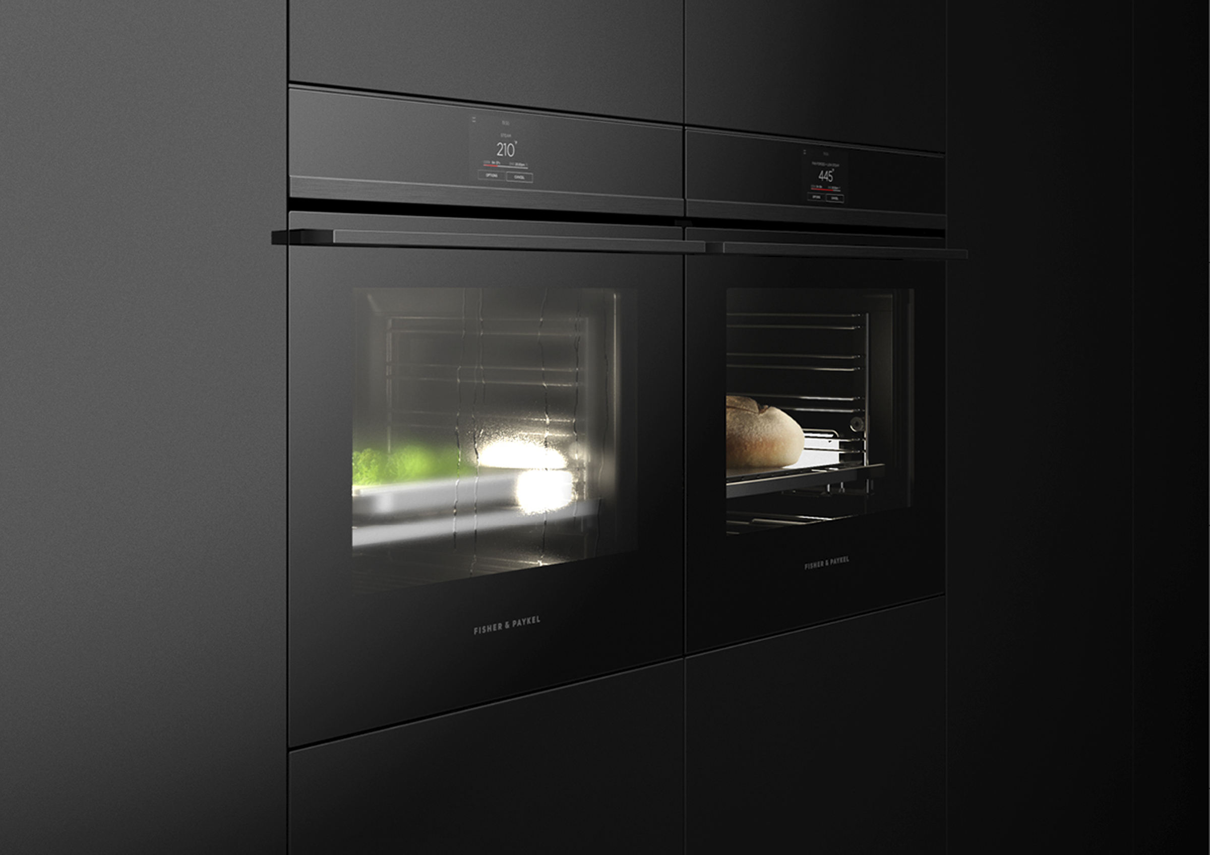 Combination of a Conventional and Steam Oven in Black with Silver Detailing Set into Black Cabinetry.